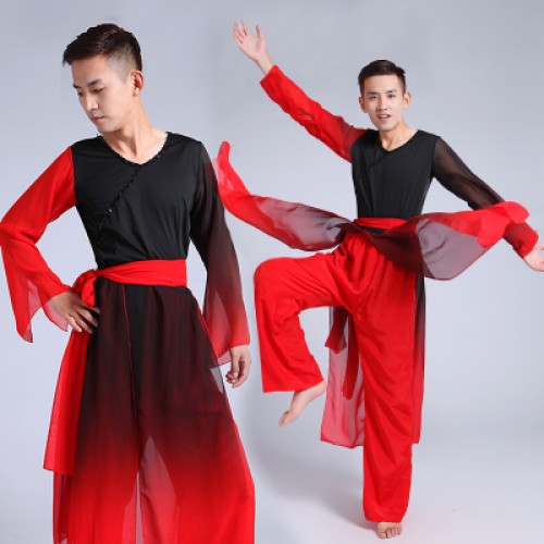 Gradient colored men's chinese ancient folk dance costumes male competition stage performance traditional yangko drummer dancing outfits